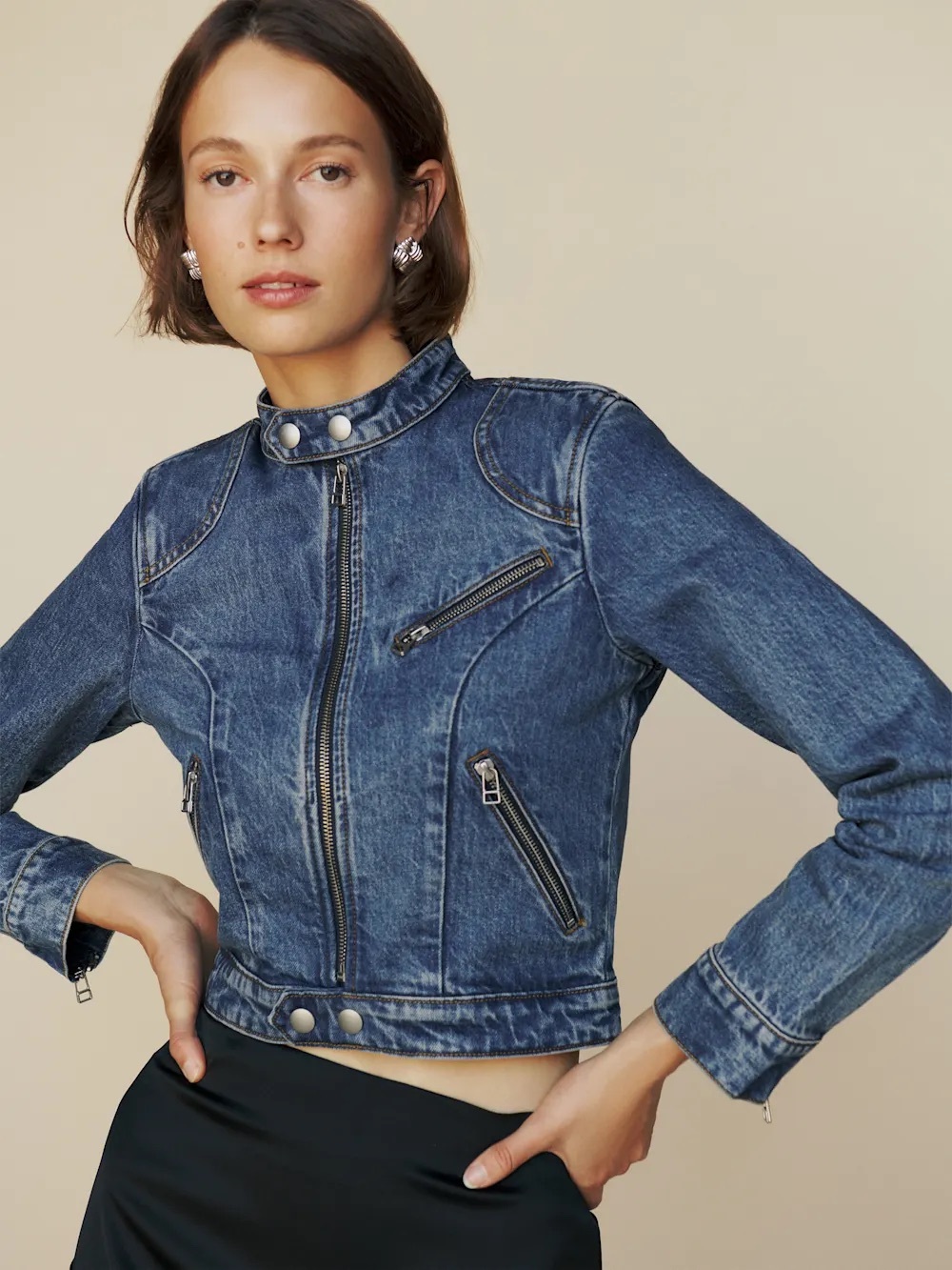 NWOT Reformation “Danica” Fitted Blue Denim Racer Style Jacket in Size Medium